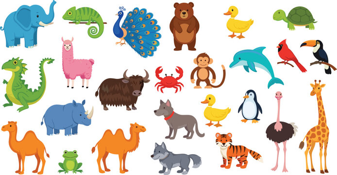 Mega collection of cute cartoon animal vectors featuring elephant giraffe tiger monkey peacock dolphin penguin and various wildlife species,