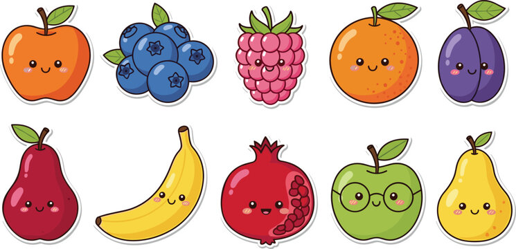 Kawaii fruit character collection featuring cute apple blueberry raspberry orange plum pear banana pomegranate and green apple stickers.