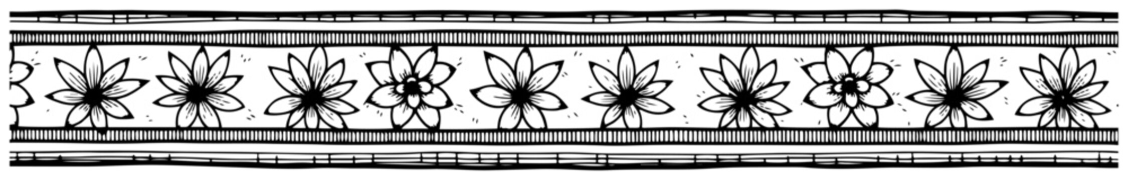 Decorative floral border with hand drawn flower pattern in folk art style