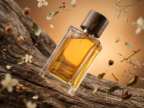 Elegant perfume bottle with wooden cap surrounded by floral and natural elements