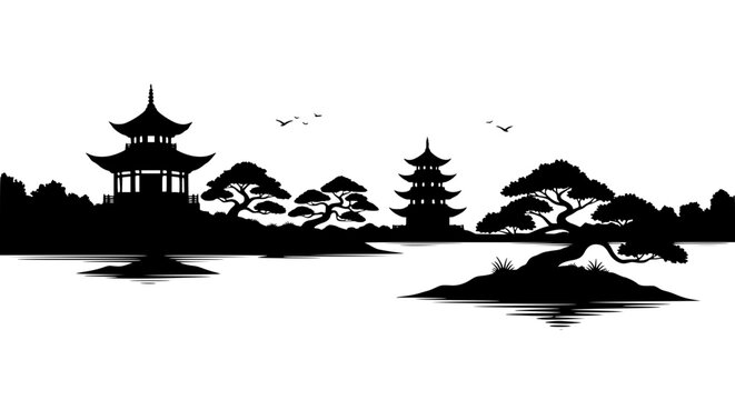 Traditional Asian Landscape Silhouette with Pagodas and Bonsai Trees