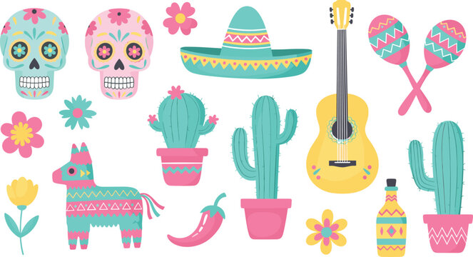 Collection of flat vector Mexican holiday icons including sugar skulls, pinata, sombrero, cactus, and guitar isolated on white background.