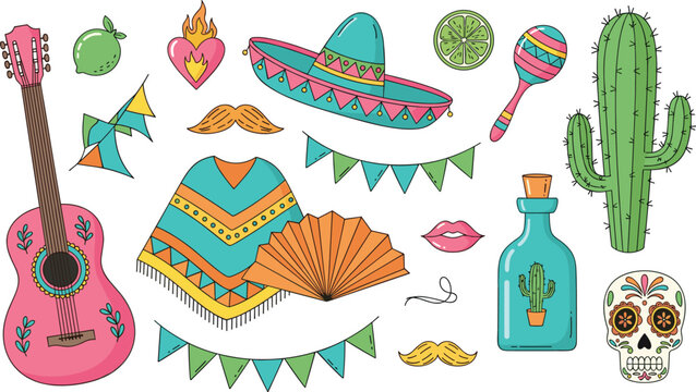 Hand drawn vector collection of Mexican fiesta elements including guitar, sombrero, poncho, cactus, and sugar skull on white background.