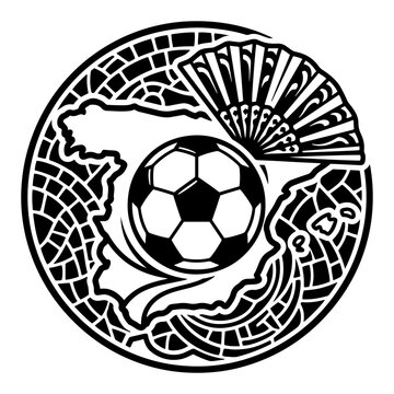Spain map silhouette with soccer ball and fan in a mosaic emblem style