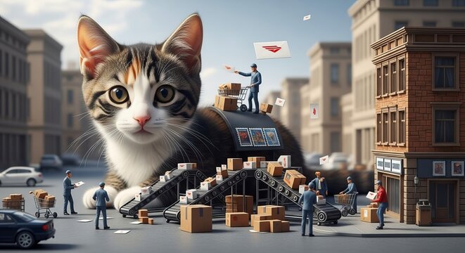Giant Cat Oversees Miniature Postal Workers Sorting Mail and Packages in a Busy Urban Setting