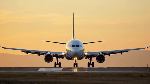Front view of a large commercial airplane taxiing on the runway during a golden sunset for aviation, travel concept