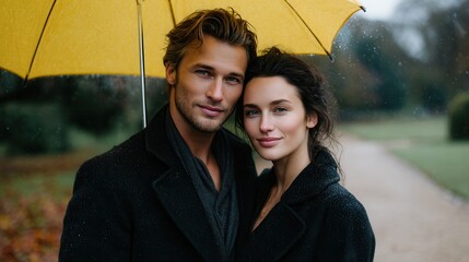 Obraz premium Young adult couple in black coats under bright yellow umbrella on rainy path, wet hair/clothing, autumn foliage blurred, soft lighting, intimate romantic mood.