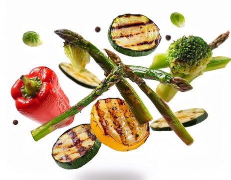 flying grilled vegetables with brussels sprouts asparagus zucchini and bell pepper isolated on white background