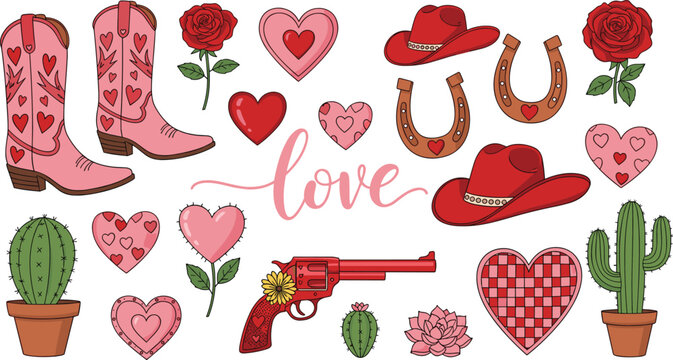 Western Valentine cowgirl vector set with pink boots red hats roses hearts and cactus icons.