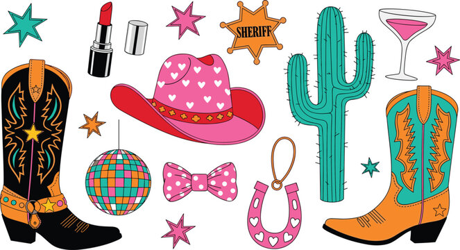 Disco cowgirl party vector set with pink cowboy hat boots cactus and disco ball icons.