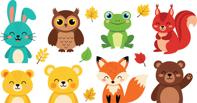 Large collection of cute cartoon forest animal vector characters including owl fox bear and squirrel with autumn leaves for children's nursery and seasonal decor.