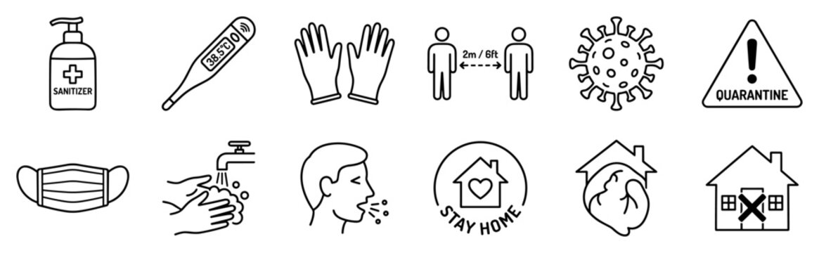 Set of corona virus prevention icons including sanitizer, thermometer, gloves, social distancing, virus, quarantine, mask, hand washing, coughing, stay home, and symbols on transparent background