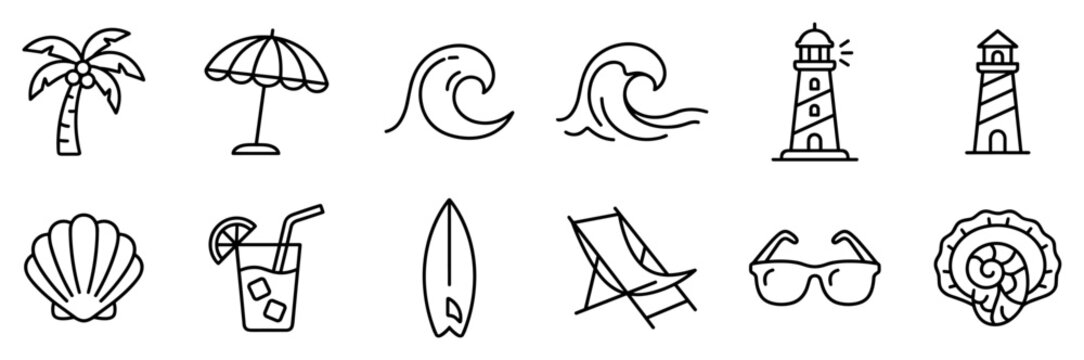 Set of black and white beach and summer icons including palm tree, umbrella, waves, lighthouse, shell, drink, surfboard, chair, sunglasses, and seashell on transparent background