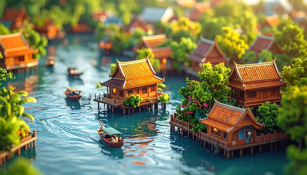 Floating village with traditional wooden houses on stilts, small boats on a serene blue canal, lush green trees, and warm golden hour sunlight, peaceful travel destination, Southeast Asia