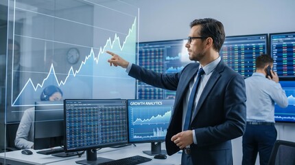 Financial Analysis: A focused financial analyst, deeply immersed in data, points to a rising graph, symbolizing growth.