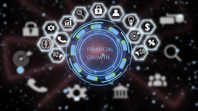 Dynamic financial growth digital interface featuring animated business and futuristic hud for corporate investment strategy and global economic market analysis presentations