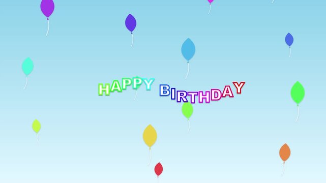 Festive Happy Birthday Message with Multi-Colored Balloons Floating Upwards Against a Clear Blue Sky Gradient