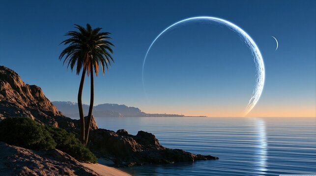 Exotic alien planet landscape with a large ringed planet and moon over a calm ocean and tropical island