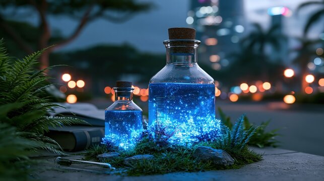 Magical glowing blue liquid in glass bottles with bokeh city lights at night
