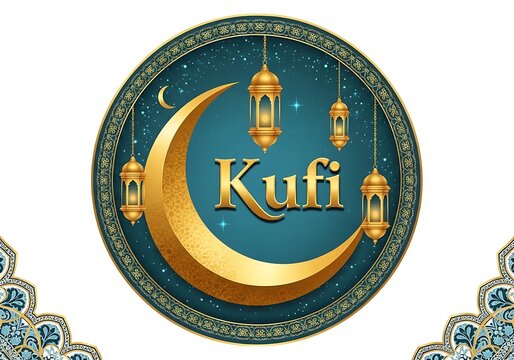 Elegant kufi script logo featuring crescent moon and lanterns isolated on white background