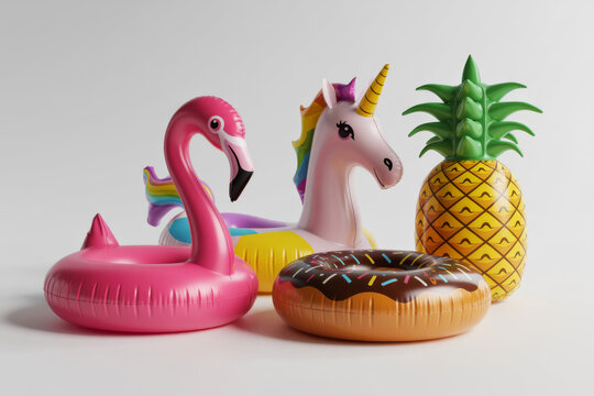 Colorful inflatable pool floats with flamingo unicorn pineapple and donut summer vacation concept