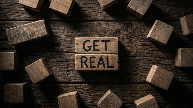 Get Real Message on Wood Blocks: A close-up shot of the phrase Get Real spelled out on wooden blocks, surrounded by other wooden blocks on a weathered wooden surface.