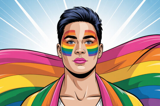 Pop art portrait of man with rainbow face paint LGBTQ pride colorful comic style illustration