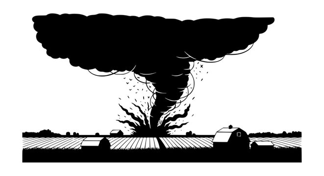 Dramatic silhouette of a tornado destroying a rural farm landscape