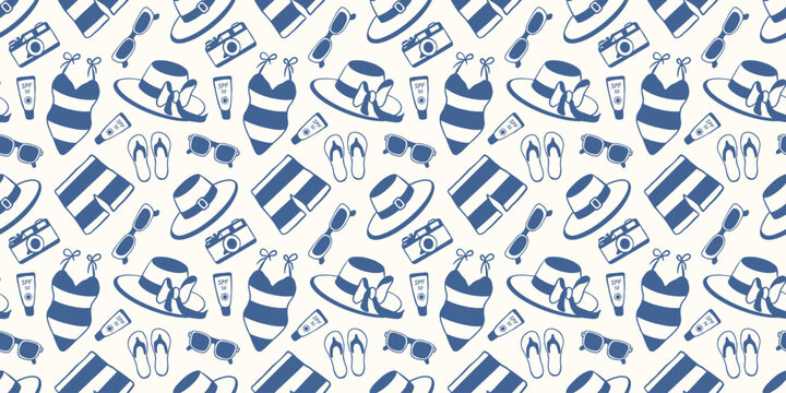 Seamless summer travel pattern with beach items, swimsuit, hat, sunscreen, camera and sunglasses. Flat style illustration for textile, paper.