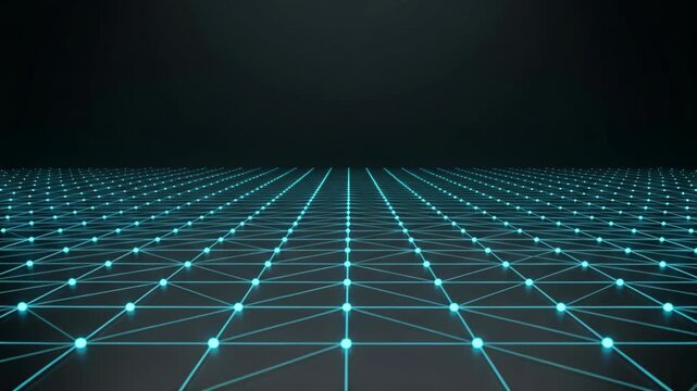 Quantum Network Grid with Glowing Connected Nodes on Dark Background