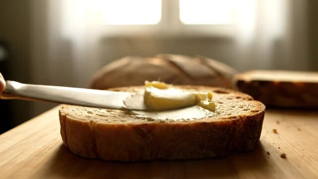 Spreading butter on a slice of fresh bread in close up with blurred background and window