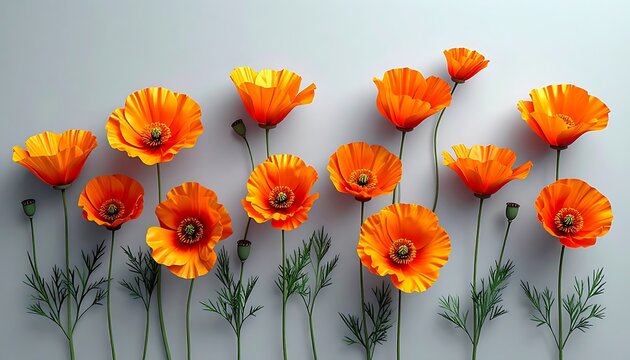 Field of bright orange poppies with green stems and buds arranged in a staggered row on a light gray background, delicate floral composition