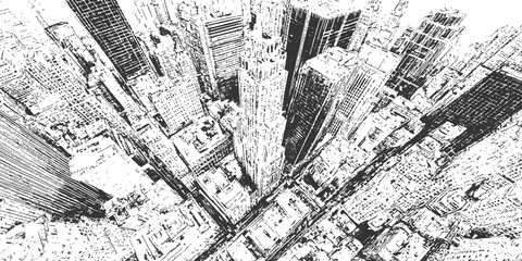 Aerial bird eye perspective view of modern metropolis downtown city skyscrapers architecture sketch drawing vector illustration background. © Artful