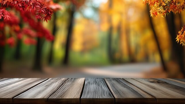 Weathered wooden table, blurred autumn path behind. Red maple top left, yellow top right. Warm, soft light, shallow depth. Seasonal, tranquil, natural. No people or objects on table.