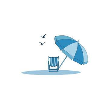 Beach scene with deck chair and umbrella birds flying overhead minimalist illustration sun lounger umbrella vacation relaxation minimalist illustration