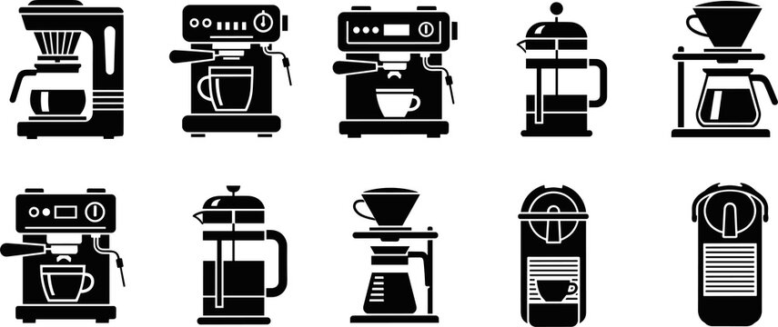 Collection of coffee maker silhouettes isolated on white background featuring espresso machines french press drip brewer and modern coffee equipment