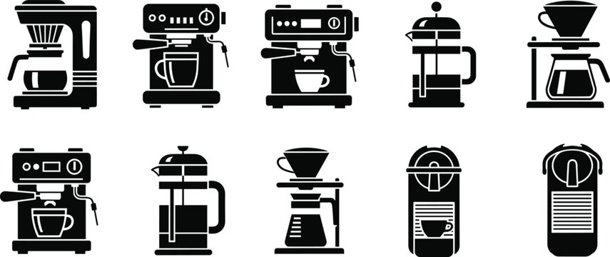 Collection of coffee maker silhouettes isolated on white background featuring espresso machines french press drip brewer and modern coffee equipment