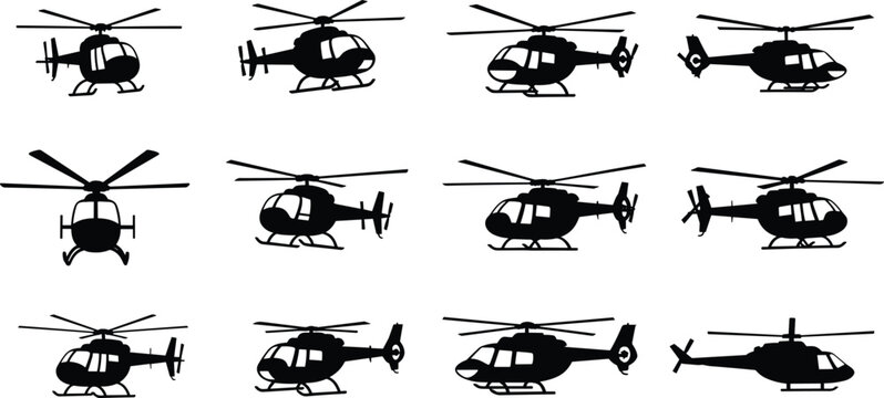 Collection of helicopter silhouettes in multiple angles isolated on white background for aviation transport military rescue and aircraft design concepts