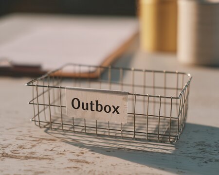 Office outbox tray on minimalist desk in afternoon light