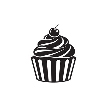 Cupcake with swirl frosting and cherry on top graphic icon black and white celebration confection delicious homemade illustration