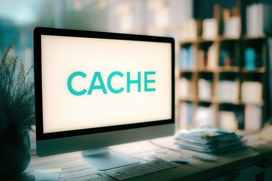 Monitor displays CACHE in minimalist office morning