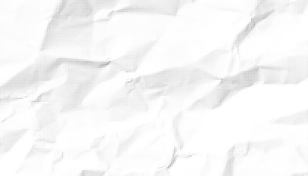Halftone crumpled paper texture with black a dotted, rough, and wrinkled surface. Wite creased sheet background in comic pop-art style, featuring grainy folds and gritty distressed details.