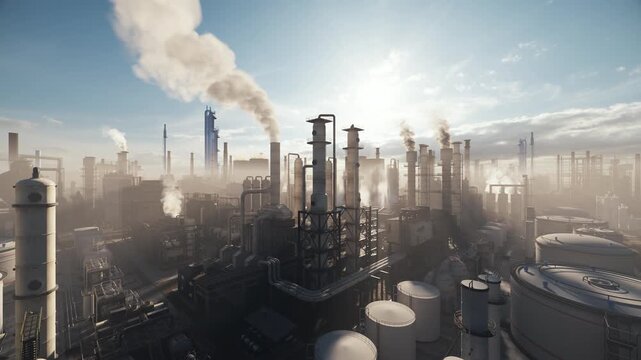 Oil Refinery and Petrochemical Plant at Sunrise &mdash; Aerial View of Industrial Complex with Smoke, Distillation Towers and Storage Tanks