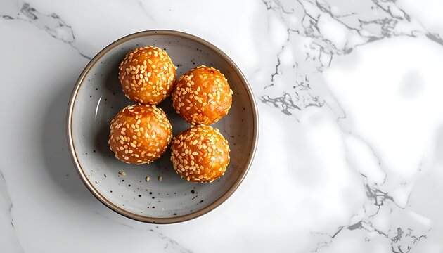 Four golden fried sesame balls with a crispy exterior, sprinkled with sesame seeds, served on a grey speckled plate on a white marble background, dessert, sweet snack