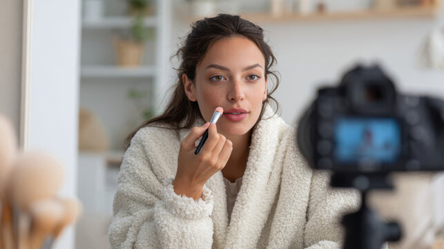Woman applying makeup in front of camera at home during daylight hours while wearing a cozy sweater
