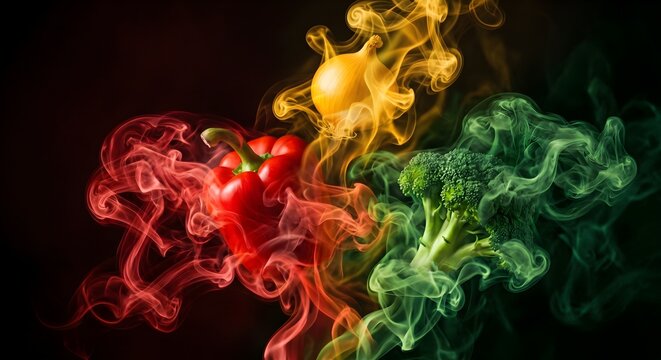 Artistic Conceptual Smoke Photography Representing Fresh Vegetables in Vibrant Colors