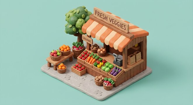 3D Isometric Miniature Organic Vegetable Market Stall Icon Illustrati