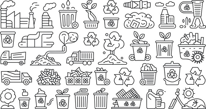 Recycling and Waste Management Icon Vector Set with Factories, Bins, Trucks, Plants, and Recycle Symbols for Environmental, Sustainability, and Eco-Friendly Designs