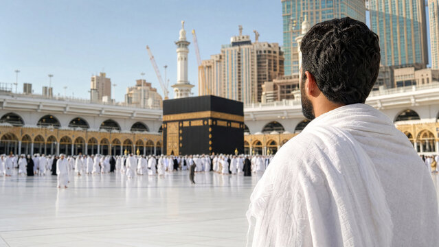 Muslim pilgrim wearing white ihram clothing looking at the holy Kaaba in Masjid al-Haram during Hajj or Umrah pilgrimage in Mecca, Saudi Arabia, on a bright sunny day.