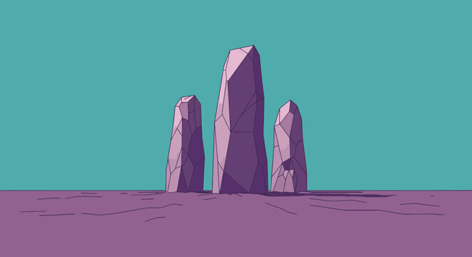Purple stones standing on purple ground against teal background